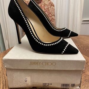 Worn once- Jimmy Choo Romy Pearl Black Suede 100 Heels- Size 38
